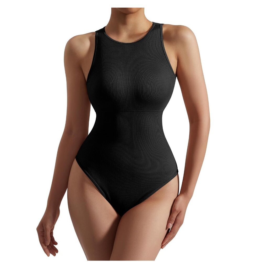 Ribbed Bodysuit Black Shapewear Padded Women Size S